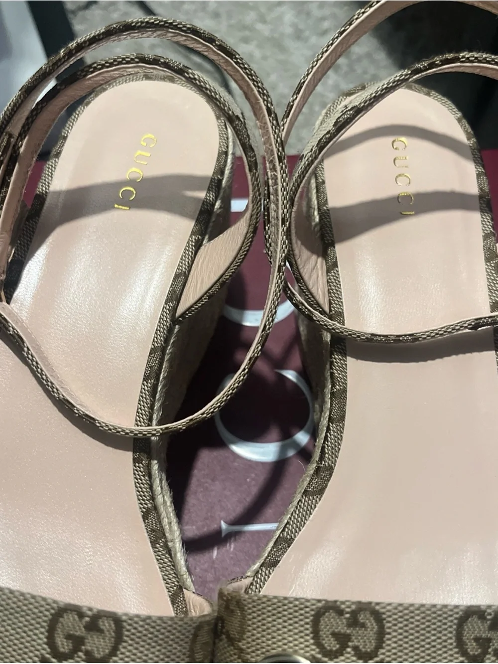 Gucci Brown Monogram Platform Espadrille Sandals with Gold Hardware